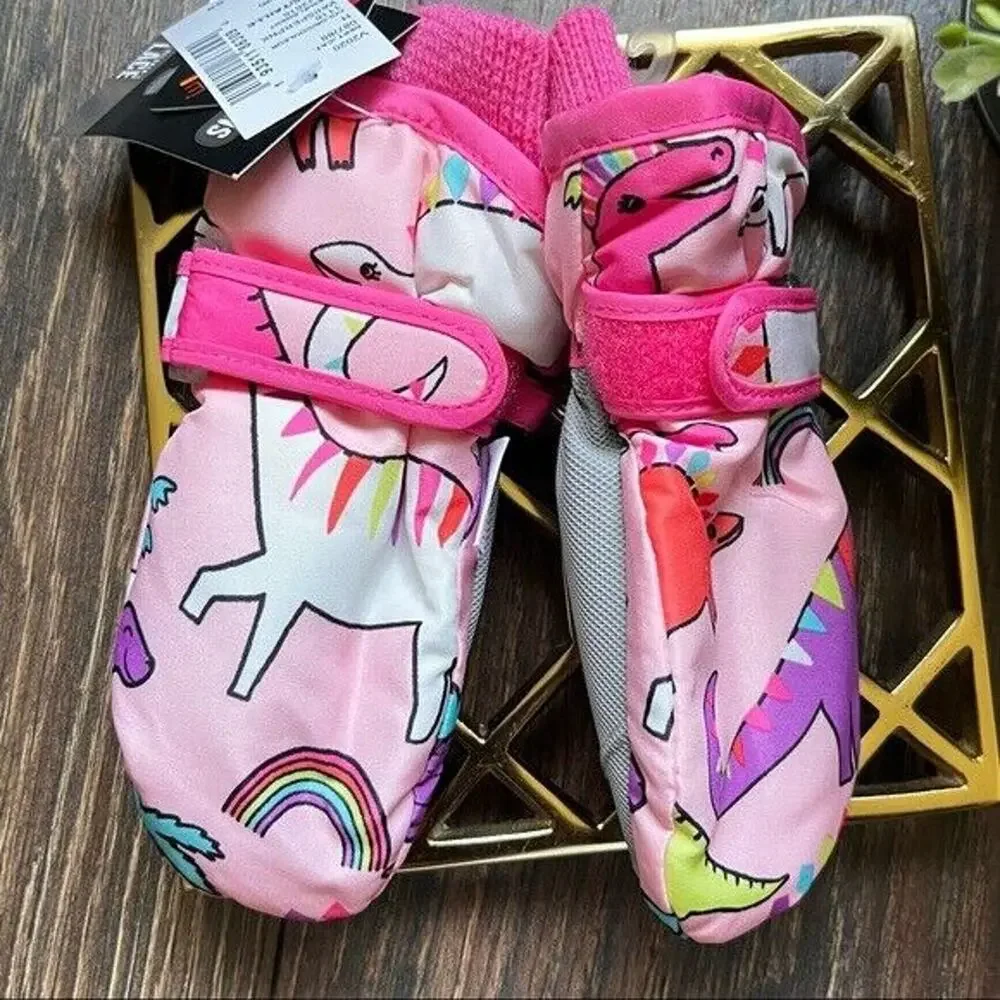 The Childrens Place Snow Gloves Sz 12 24M Pink Dino Print Fleece Lined Mittens